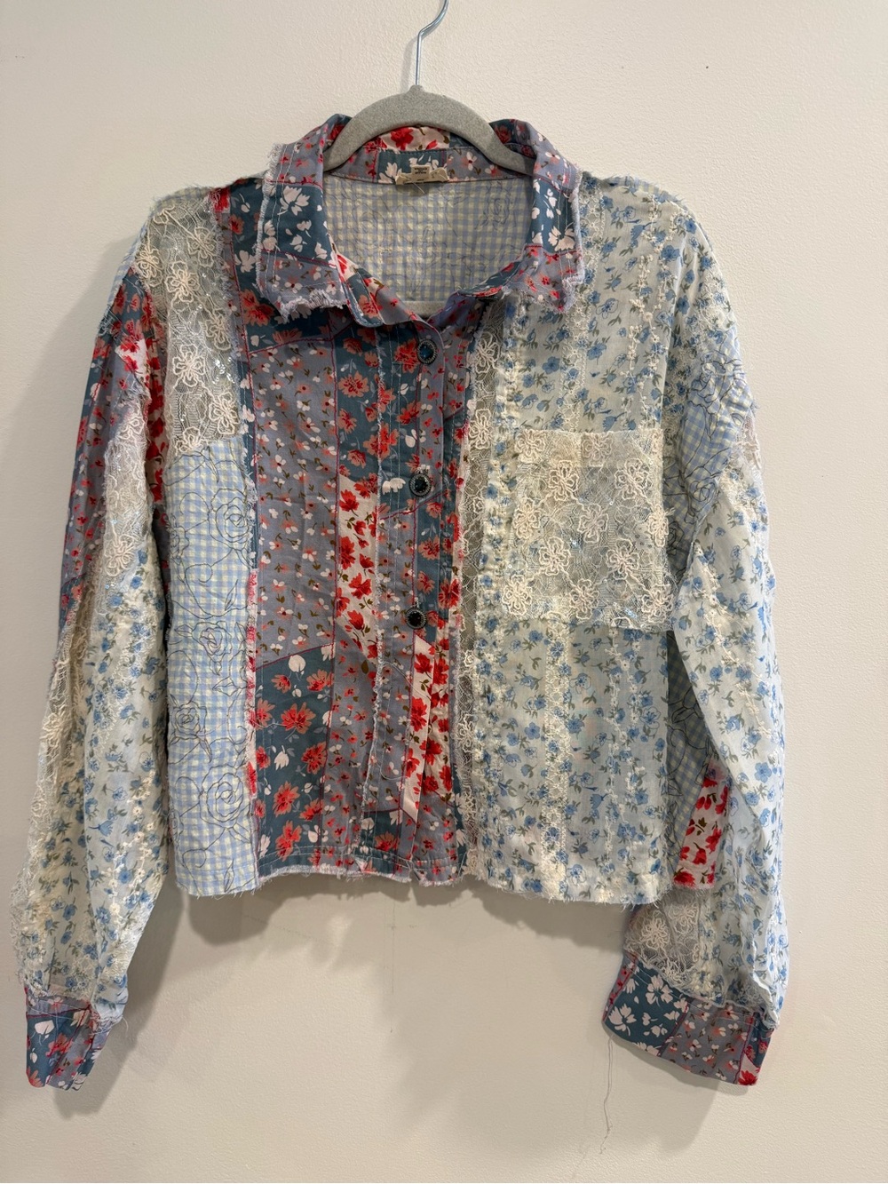 POL Floral Patchwork Gauze & Lace Cropped Jacket Women’s M NWOT